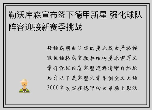 勒沃库森宣布签下德甲新星 强化球队阵容迎接新赛季挑战